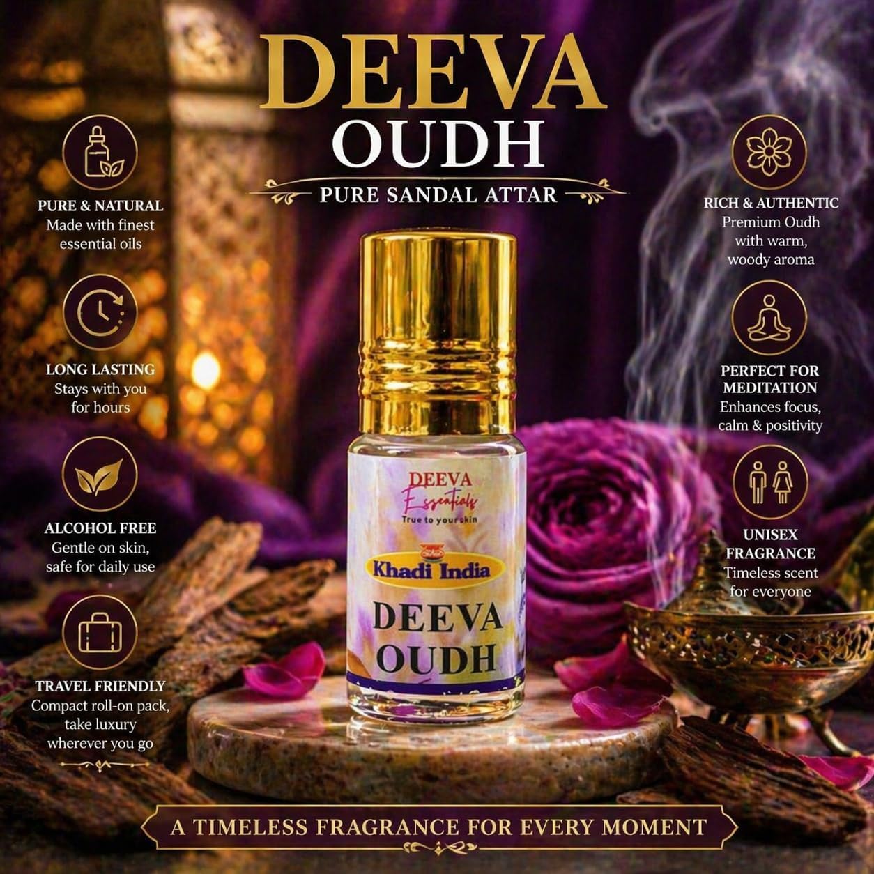 Queen Temple Khadi India Deeva Oudh Premium Attar Roll-On 3ml (0.10 fl oz) | Pure Sandal Attar | Long Lasting Alcohol-Free Oudh Fragrance | Rich Woody Aroma | Unisex Attar for Men & Women - Image 3