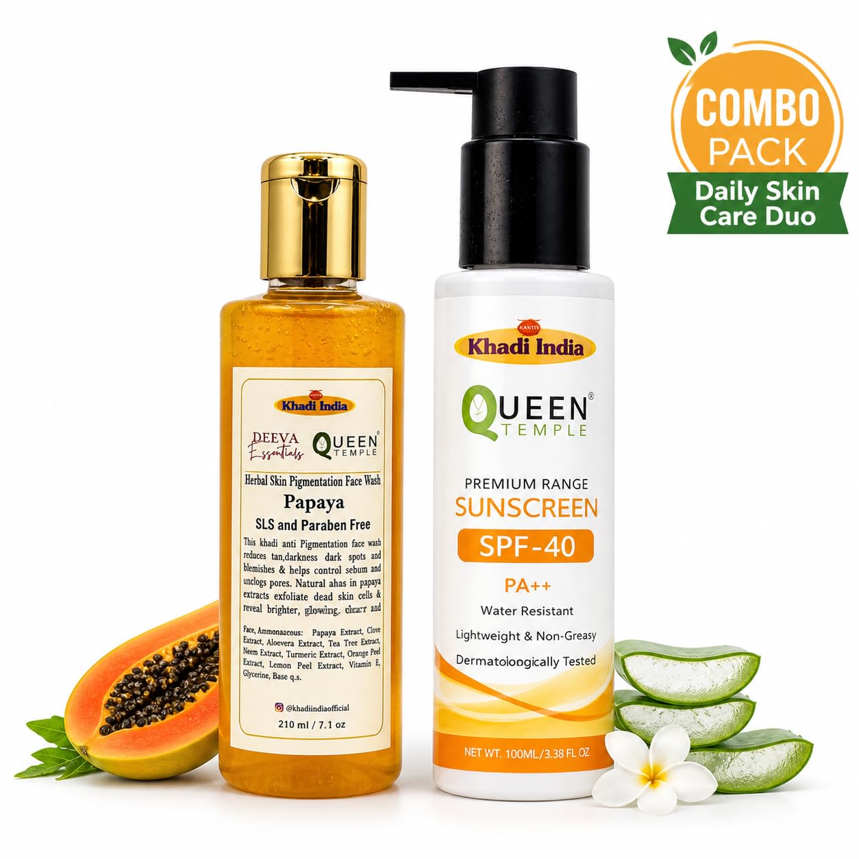 Queen Temple Khadi India Daily Skin Care Combo – Papaya Face Wash 210ml + SPF 40 PA++ Sunscreen 100ml | Face Cleansing, Sun Protection & Skin Brightening Care | Lightweight Non-Greasy Formula - Image 3
