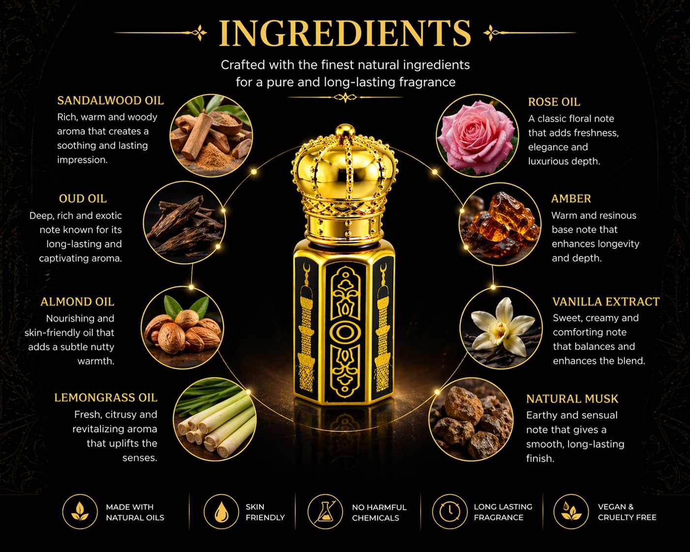 Queen Temple Khadi India Deeva Pure Sandal Premium Attar Roll On 6ml | Sandalwood, Oud, Rose, Almond & Lemongrass Oil Blend | Vanilla, Amber & Natural Musk Fragrance | Long Lasting Unisex Attar Size 6ml - Image 3