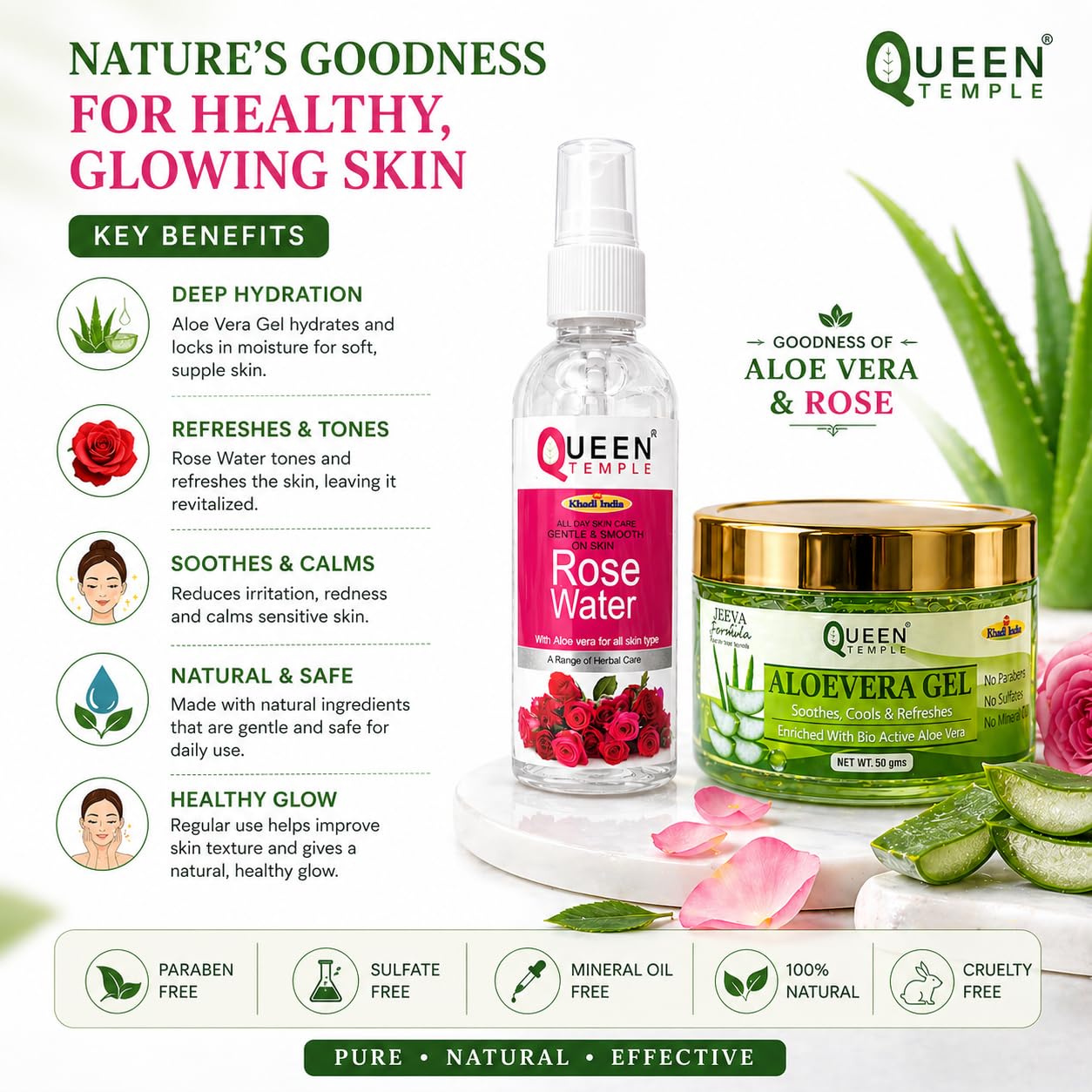 Queen Temple Khadi India Rose Water 250ml + Aloe Vera Gel 50g Combo | Face Toner & Moisturizing Skincare Set | Hydrating, Refreshing & Soothing Daily Skin Care | For Face & Body - Image 3