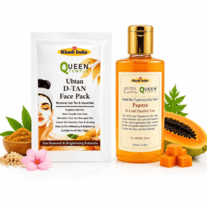 Queen Temple Khadi India Tan Removal & Brightening Complete Skincare Combo – Papaya Herbal Face Wash 210ml + Ubtan D-Tan Face Pack | Tan Removal, Skin Brightening & Deep Cleansing | SLS & Paraben Free