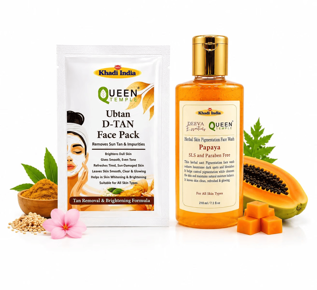 Queen Temple Khadi India Tan Removal & Brightening Complete Skincare Combo – Papaya Herbal Face Wash 210ml + Ubtan D-Tan Face Pack | Tan Removal, Skin Brightening & Deep Cleansing | SLS & Paraben Free