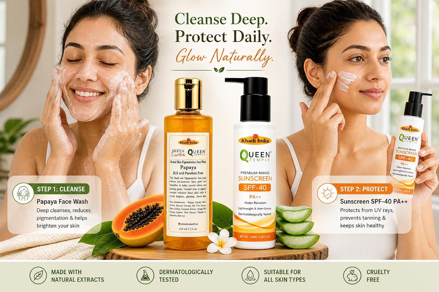 Queen Temple Khadi India Daily Skin Care Combo – Papaya Face Wash 210ml + SPF 40 PA++ Sunscreen 100ml | Face Cleansing, Sun Protection & Skin Brightening Care | Lightweight Non-Greasy Formula - Image 4