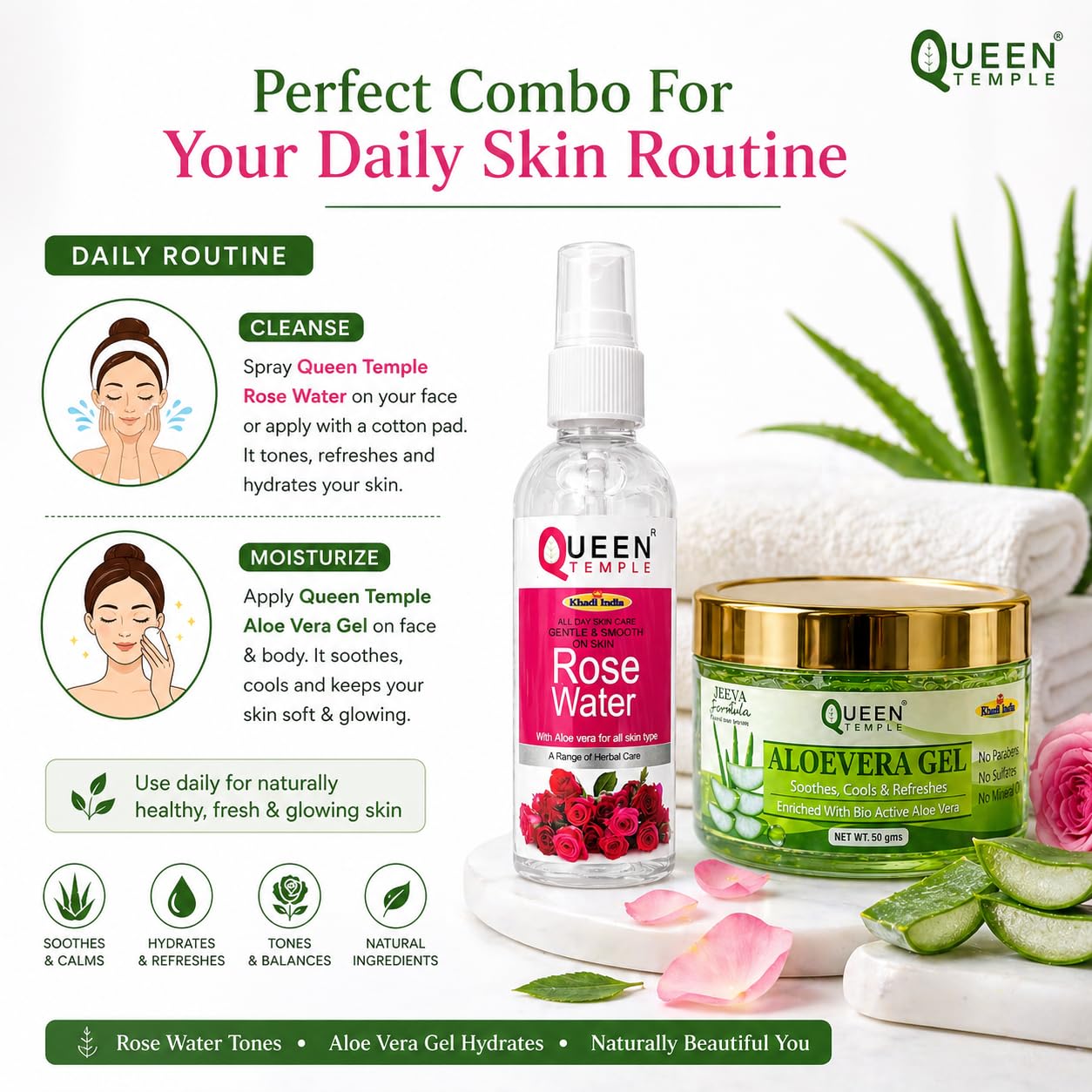 Queen Temple Khadi India Rose Water 250ml + Aloe Vera Gel 50g Combo | Face Toner & Moisturizing Skincare Set | Hydrating, Refreshing & Soothing Daily Skin Care | For Face & Body - Image 2