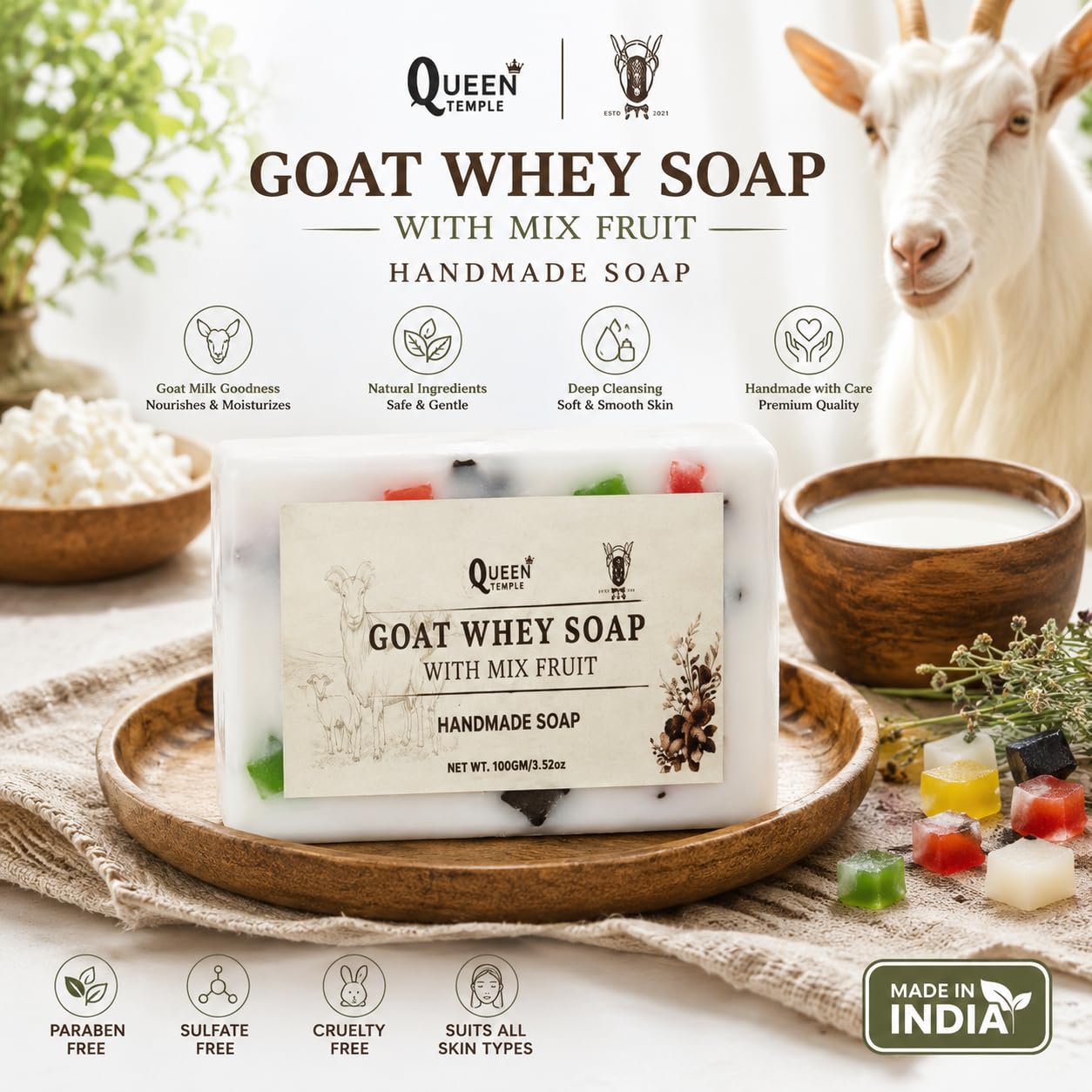 Whey Goat Milk Soap Pack of 2 for Face & Body By Khadi India Queen Temple - Image 5