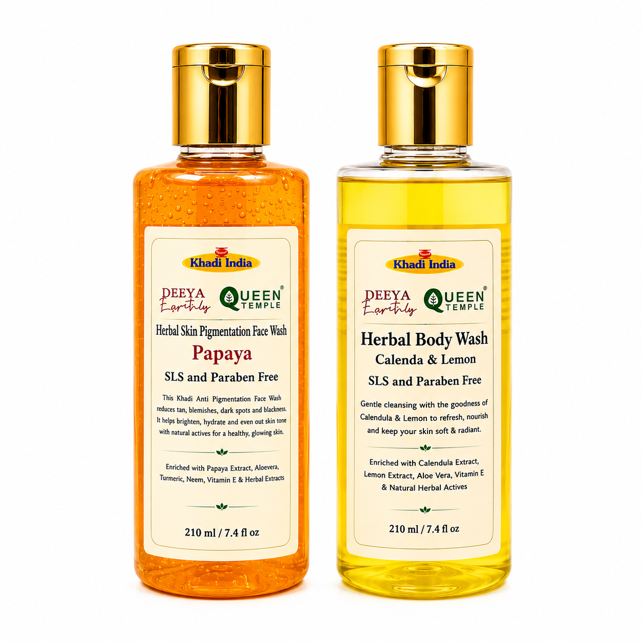 Queen Temple Khadi India Herbal Bath & Skincare Combo – Papaya Face Wash 210ml + Calendula & Lemon Body Wash 210ml | SLS & Paraben Free | Natural Herbal Cleansing Care for All Skin Types