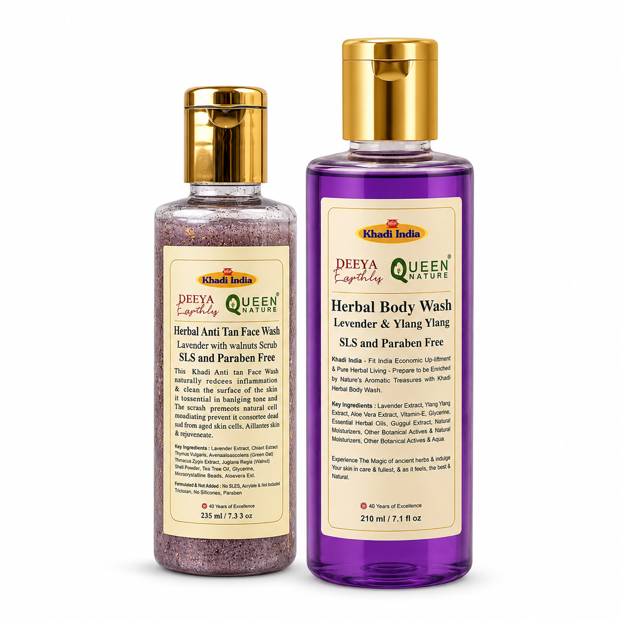 Queen Temple Herbal Face & Body Wash Combo – Lavender Anti Tan Face Wash 235ml + Lavender & Ylang Ylang Body Wash 210ml | Walnut Scrub, Deep Cleansing & Nourishing Care | SLS & Paraben Free