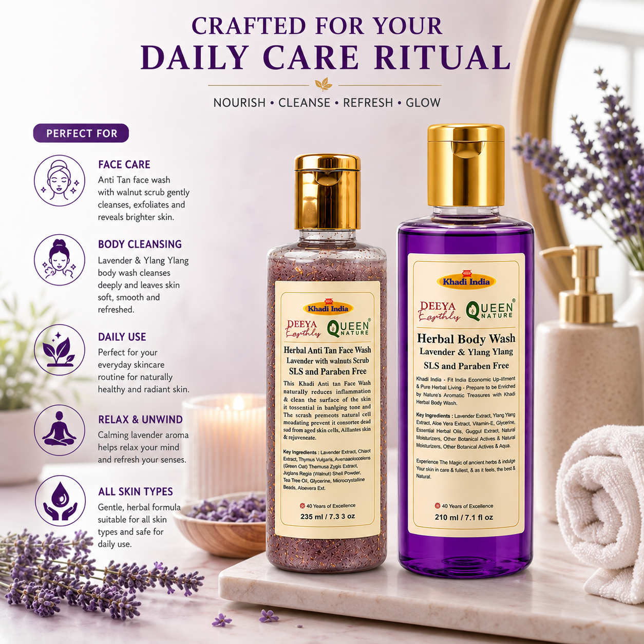 Queen Temple Herbal Face & Body Wash Combo – Lavender Anti Tan Face Wash 235ml + Lavender & Ylang Ylang Body Wash 210ml | Walnut Scrub, Deep Cleansing & Nourishing Care | SLS & Paraben Free - Image 3