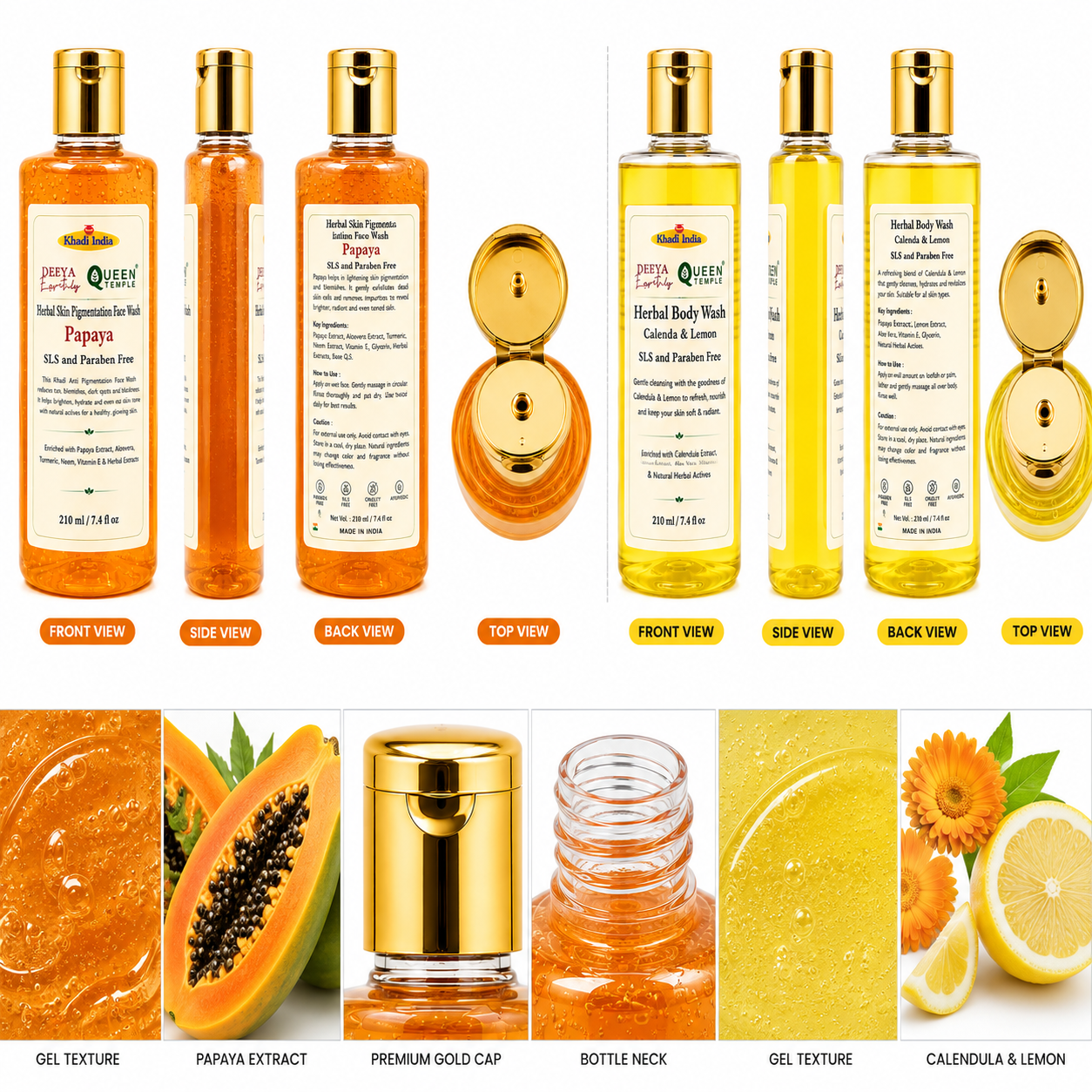 Queen Temple Khadi India Herbal Bath & Skincare Combo – Papaya Face Wash 210ml + Calendula & Lemon Body Wash 210ml | SLS & Paraben Free | Natural Herbal Cleansing Care for All Skin Types - Image 5