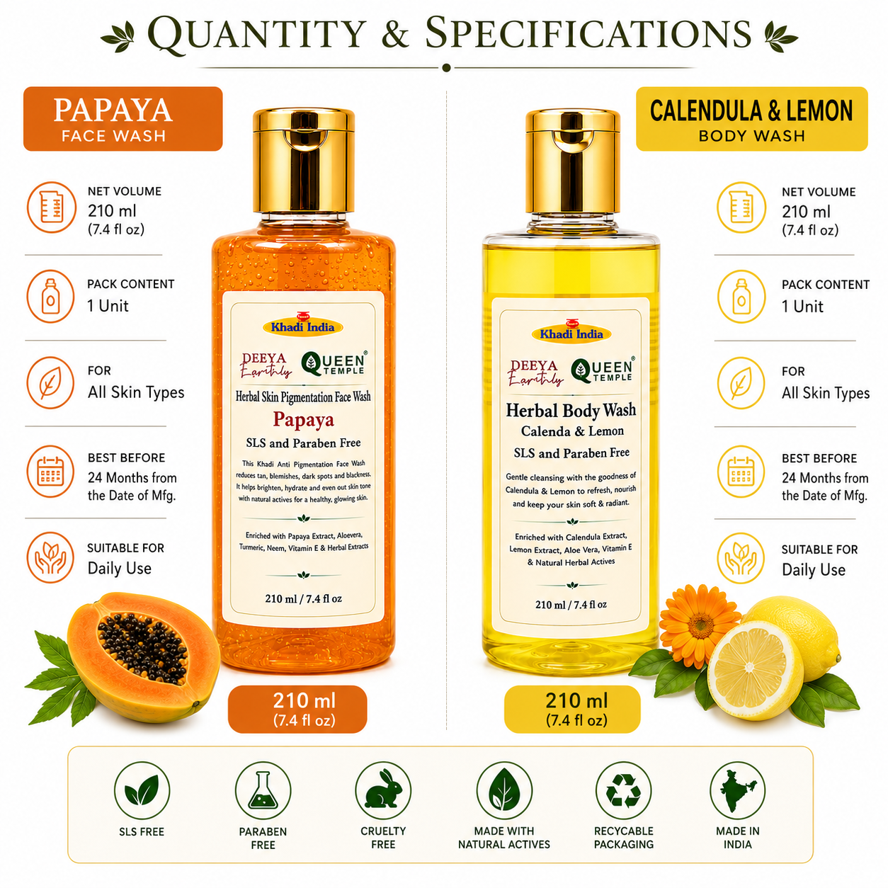 Queen Temple Khadi India Herbal Bath & Skincare Combo – Papaya Face Wash 210ml + Calendula & Lemon Body Wash 210ml | SLS & Paraben Free | Natural Herbal Cleansing Care for All Skin Types - Image 2