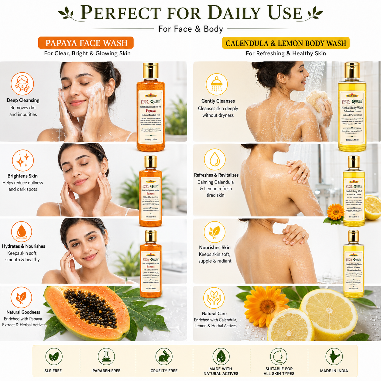 Queen Temple Khadi India Herbal Bath & Skincare Combo – Papaya Face Wash 210ml + Calendula & Lemon Body Wash 210ml | SLS & Paraben Free | Natural Herbal Cleansing Care for All Skin Types - Image 4