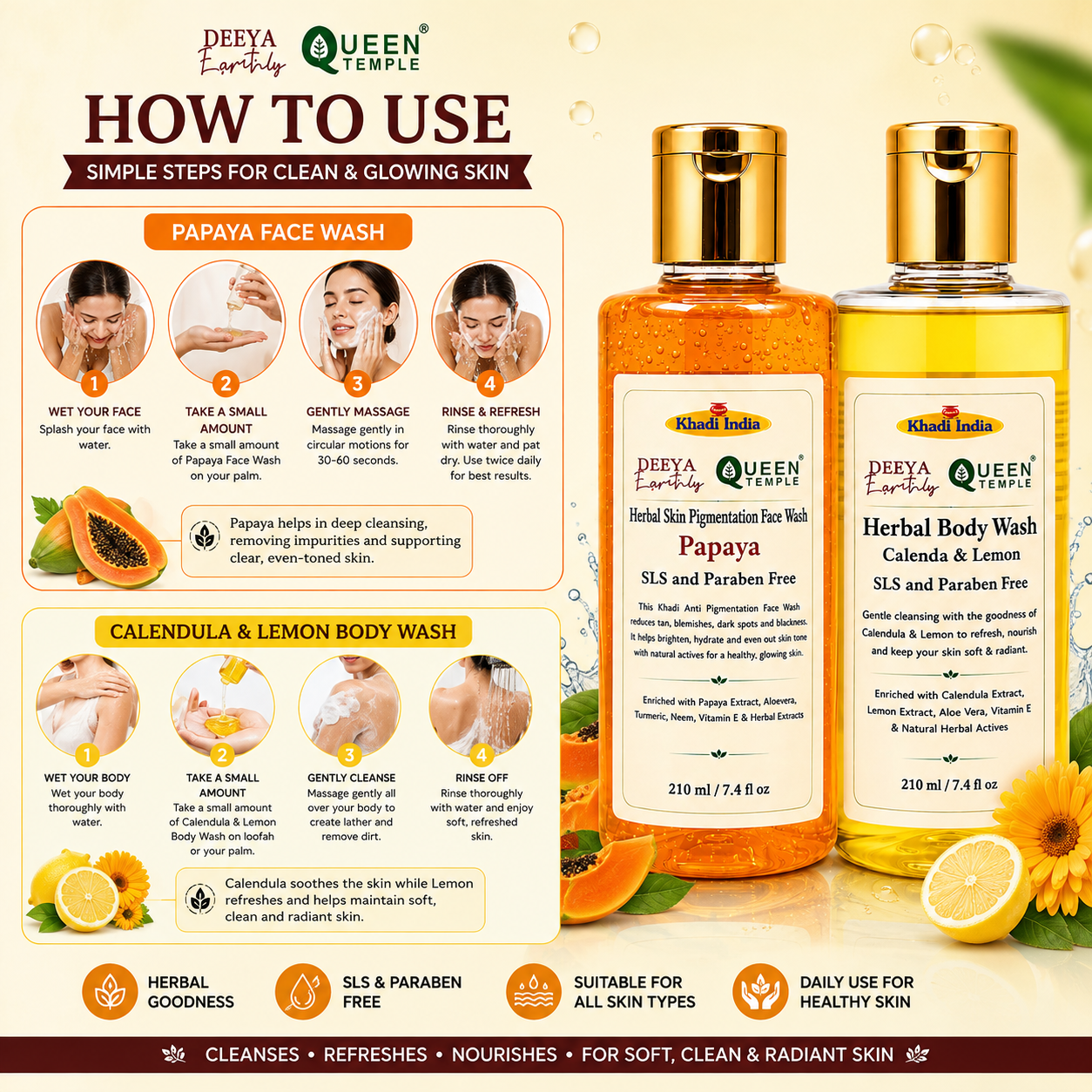 Queen Temple Khadi India Herbal Bath & Skincare Combo – Papaya Face Wash 210ml + Calendula & Lemon Body Wash 210ml | SLS & Paraben Free | Natural Herbal Cleansing Care for All Skin Types - Image 3
