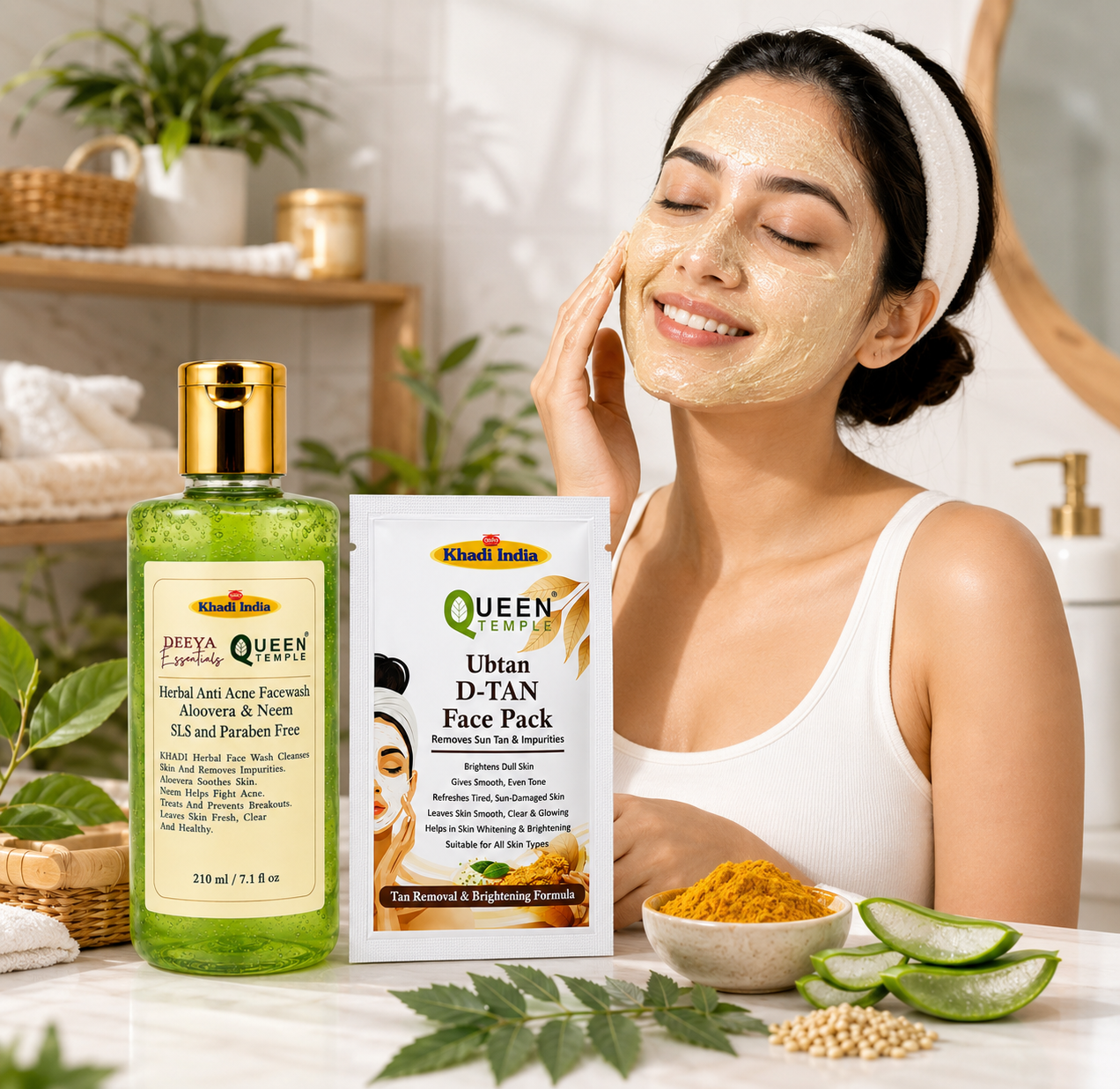 Queen Temple Khadi India Tan Removal & Brightening Skincare Combo – Aloe Vera & Neem Herbal Face Wash 210ml + Ubtan D-Tan Face Pack | Tan Care, Deep Cleansing & Skin Brightening | SLS & Paraben Free - Image 5