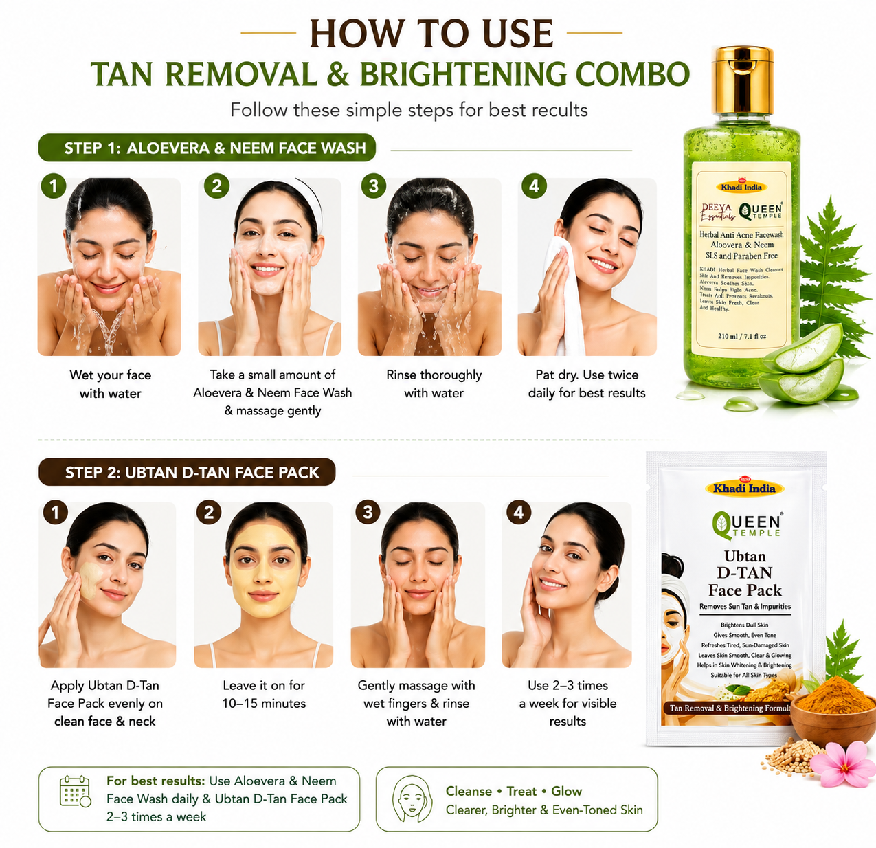 Queen Temple Khadi India Tan Removal & Brightening Skincare Combo – Aloe Vera & Neem Herbal Face Wash 210ml + Ubtan D-Tan Face Pack | Tan Care, Deep Cleansing & Skin Brightening | SLS & Paraben Free - Image 4