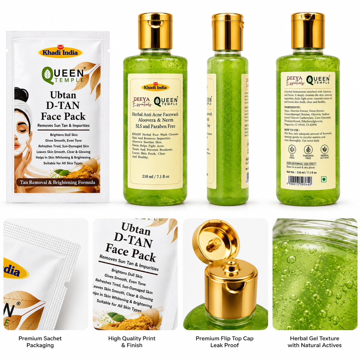 Queen Temple Khadi India Tan Removal & Brightening Skincare Combo – Aloe Vera & Neem Herbal Face Wash 210ml + Ubtan D-Tan Face Pack | Tan Care, Deep Cleansing & Skin Brightening | SLS & Paraben Free - Image 3