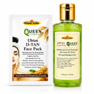 Queen Temple Khadi India Tan Removal & Brightening Skincare Combo – Aloe Vera & Neem Herbal Face Wash 210ml + Ubtan D-Tan Face Pack | Tan Care, Deep Cleansing & Skin Brightening | SLS & Paraben Free
