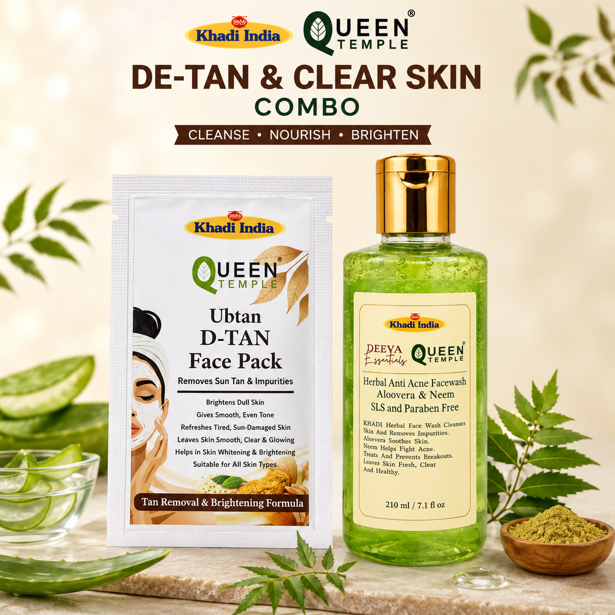 Queen Temple Khadi India Tan Removal & Brightening Skincare Combo – Aloe Vera & Neem Herbal Face Wash 210ml + Ubtan D-Tan Face Pack | Tan Care, Deep Cleansing & Skin Brightening | SLS & Paraben Free - Image 2
