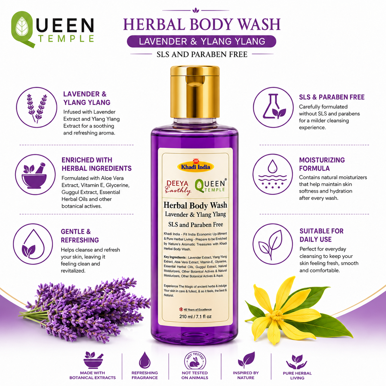 Queen Temple Herbal Body Wash – Lavender & Ylang Ylang | SLS & Paraben Free | 210 ml - Image 4