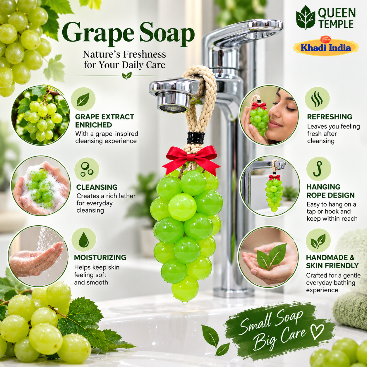 Queen Temple Khadi India Grape Hanging Soap – Handmade Grape Shaped Bath Soap with Hanging Rope Pack of 2 - Image 3