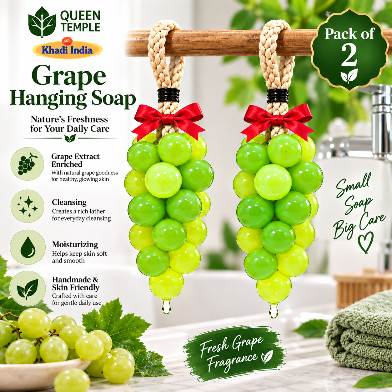 Queen Temple Khadi India Grape Hanging Soap – Handmade Grape Shaped Bath Soap with Hanging Rope Pack of 2 - Image 2