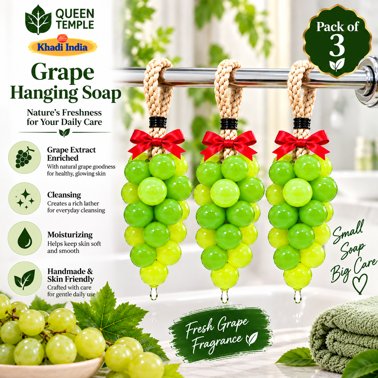 Queen Temple Khadi India Grape Hanging Soap – Handmade Grape Shaped Bath Soap with Hanging Rope Pack of 3 - Image 2
