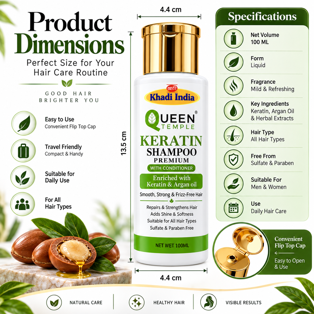 Queen Temple Khadi India Keratin Shampoo with Conditioner – Enriched with Keratin & Argan Oil | Sulfate & Paraben Free Hair Shampoo | For Smooth, Soft & Manageable Hair | 100 ml - Image 3