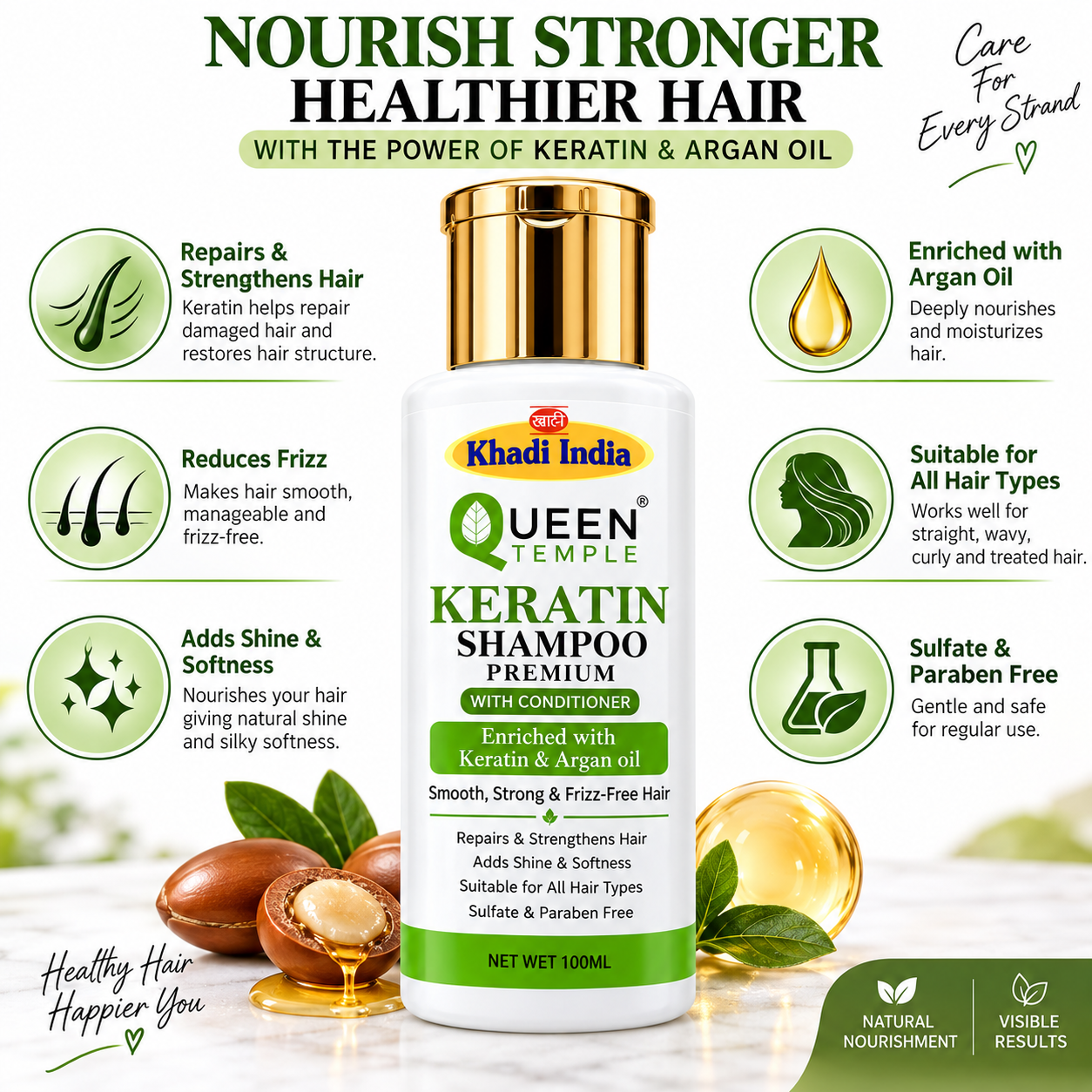 Queen Temple Khadi India Keratin Shampoo with Conditioner – Enriched with Keratin & Argan Oil | Sulfate & Paraben Free Hair Shampoo | For Smooth, Soft & Manageable Hair | 100 ml - Image 2