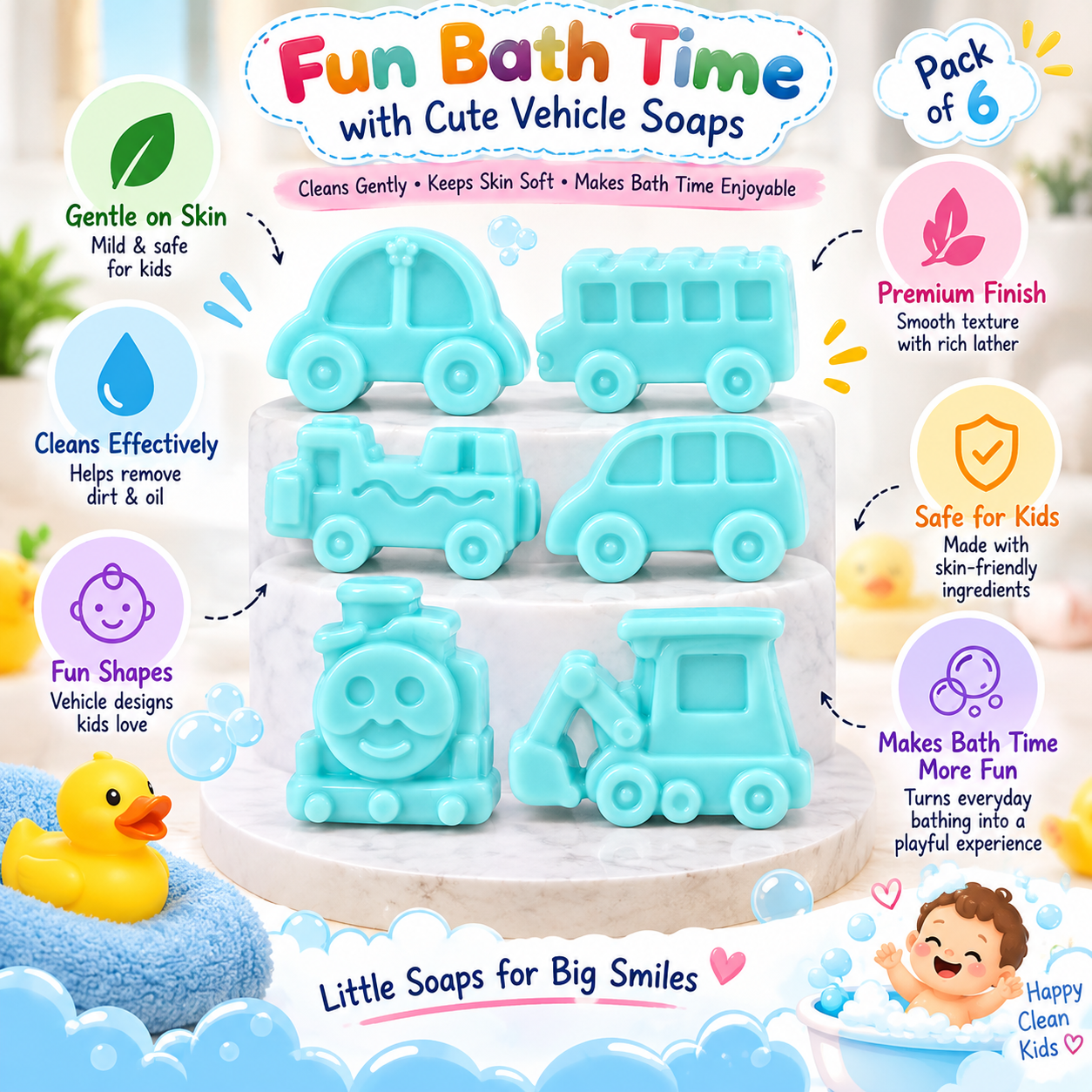 Queen Temple Goat Milk Soap for Kids Toy Soap Blue – Pack of 6 Cute Vehicle Shaped Soaps, 50 gm Each - Image 5