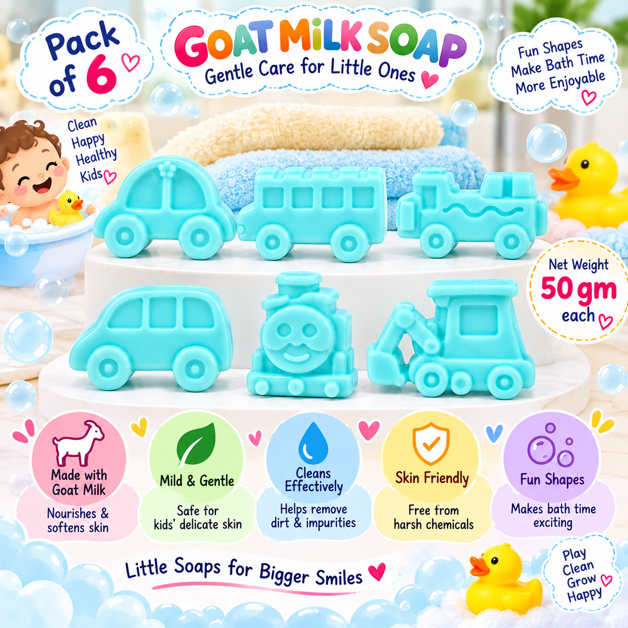Queen Temple Goat Milk Soap for Kids Toy Soap Blue – Pack of 6 Cute Vehicle Shaped Soaps, 50 gm Each - Image 4