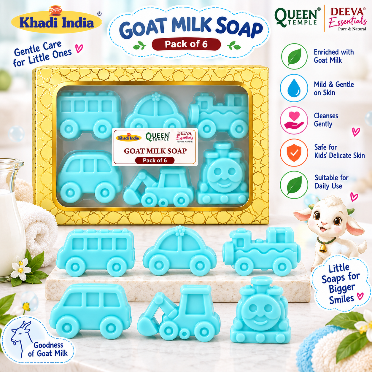 Queen Temple Goat Milk Soap for Kids Toy Soap Blue – Pack of 6 Cute Vehicle Shaped Soaps, 50 gm Each - Image 2