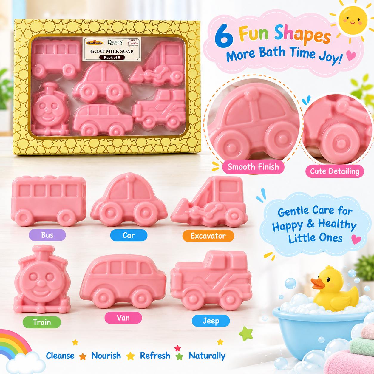 Queen Temple Goat Milk Soap for Kids Toy Soap – Pack of 6 Fun Vehicle Shapes Pink | 50 g Each - Image 2