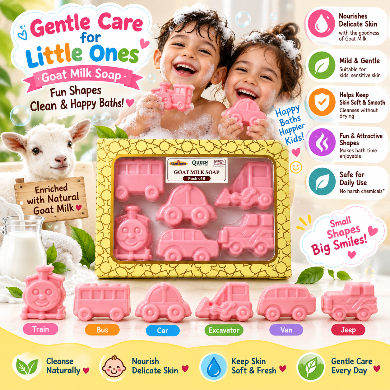 Queen Temple Goat Milk Soap for Kids Toy Soap – Pack of 6 Fun Vehicle Shapes Pink | 50 g Each - Image 6