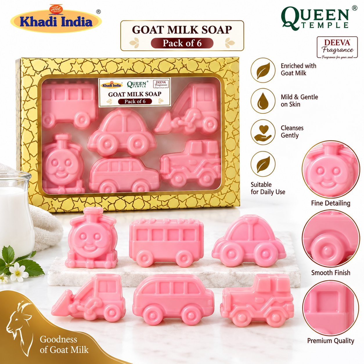 Queen Temple Goat Milk Soap for Kids Toy Soap – Pack of 6 Fun Vehicle Shapes Pink | 50 g Each - Image 3