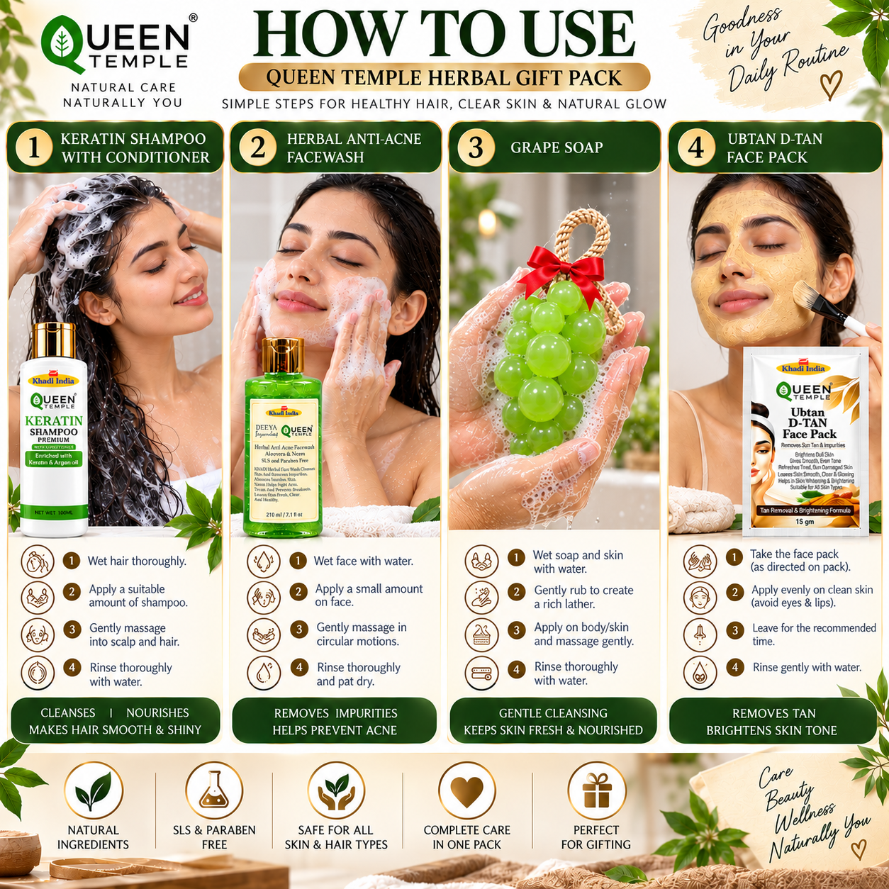 Queen Temple Khadi India Herbal Beauty Gift Pack – Keratin Shampoo with Conditioner – 100 ml Herbal Aloe Vera & Neem Face Wash – 210 ml Handmade Grape Soap – 155 g Ubtan D-Tan Face Pack – 15 g Complete Skin & Hair Care Gift Set - Image 5