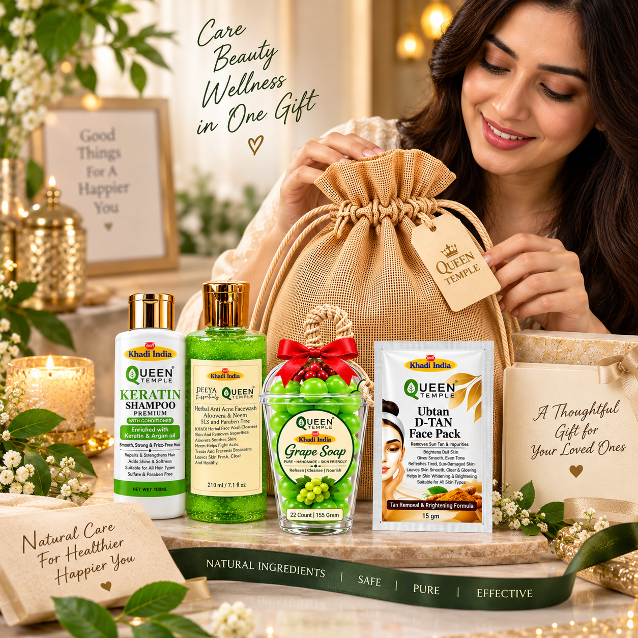 Queen Temple Khadi India Herbal Beauty Gift Pack – Keratin Shampoo with Conditioner – 100 ml Herbal Aloe Vera & Neem Face Wash – 210 ml Handmade Grape Soap – 155 g Ubtan D-Tan Face Pack – 15 g Complete Skin & Hair Care Gift Set - Image 4