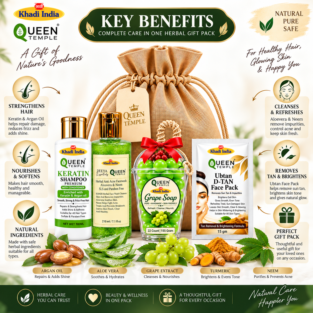 Queen Temple Khadi India Herbal Beauty Gift Pack – Keratin Shampoo with Conditioner – 100 ml Herbal Aloe Vera & Neem Face Wash – 210 ml Handmade Grape Soap – 155 g Ubtan D-Tan Face Pack – 15 g Complete Skin & Hair Care Gift Set - Image 3
