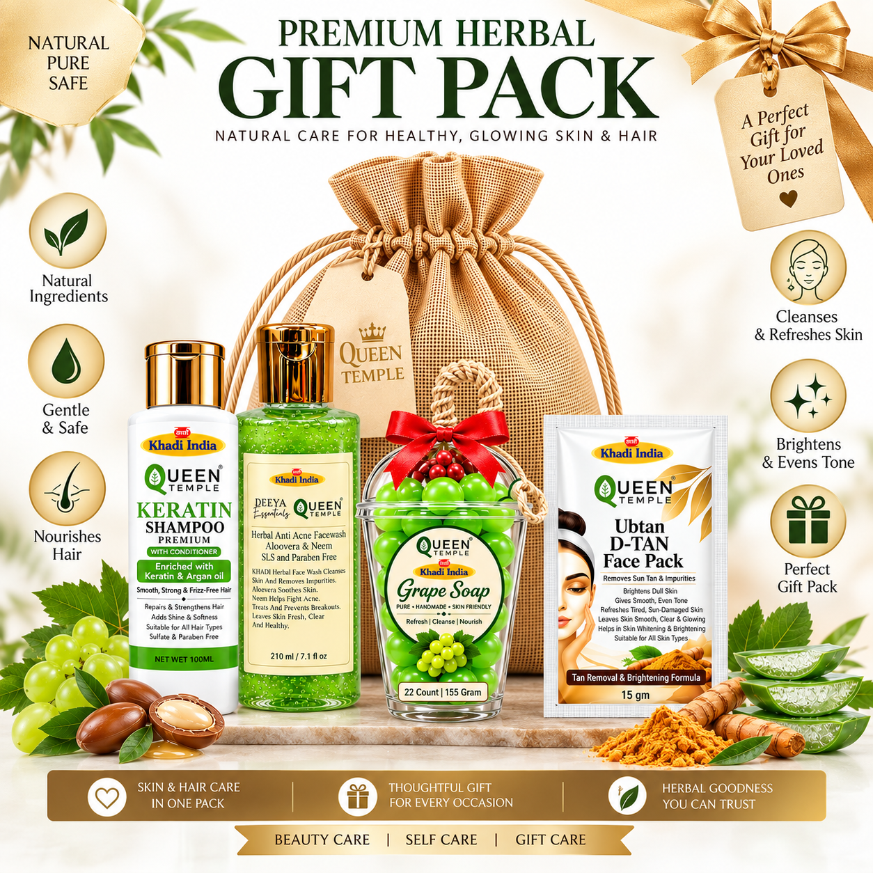 Queen Temple Khadi India Herbal Beauty Gift Pack – Keratin Shampoo with Conditioner – 100 ml Herbal Aloe Vera & Neem Face Wash – 210 ml Handmade Grape Soap – 155 g Ubtan D-Tan Face Pack – 15 g Complete Skin & Hair Care Gift Set - Image 2