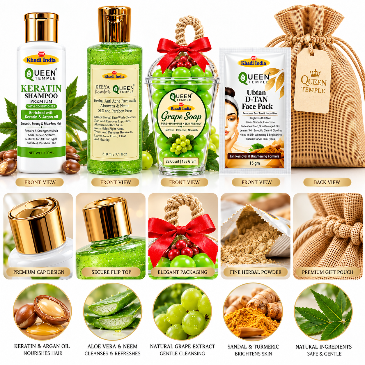 Queen Temple Khadi India Herbal Beauty Gift Pack – Keratin Shampoo with Conditioner – 100 ml Herbal Aloe Vera & Neem Face Wash – 210 ml Handmade Grape Soap – 155 g Ubtan D-Tan Face Pack – 15 g Complete Skin & Hair Care Gift Set - Image 6