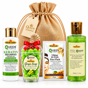 Queen Temple Khadi India Herbal Beauty Gift Pack – Keratin Shampoo with Conditioner – 100 ml Herbal Aloe Vera & Neem Face Wash – 210 ml Handmade Grape Soap – 155 g Ubtan D-Tan Face Pack – 15 g Complete Skin & Hair Care Gift Set