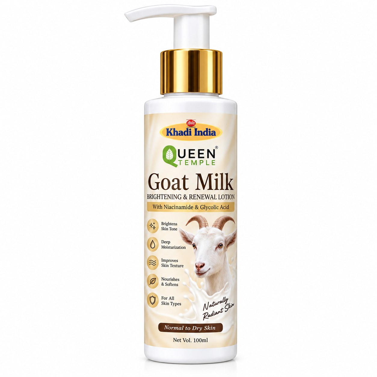 Queen Temple Goat Milk Brightening & Renewal Body Lotion with Niacinamide & Glycolic Acid, Deep Moisturizing Lotion for Normal to Dry Skin, 100 ml