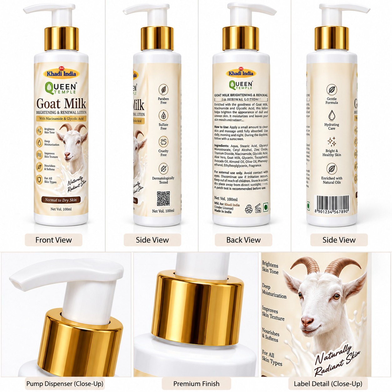 Queen Temple Goat Milk Brightening & Renewal Body Lotion with Niacinamide & Glycolic Acid, Deep Moisturizing Lotion for Normal to Dry Skin, 100 ml - Image 3