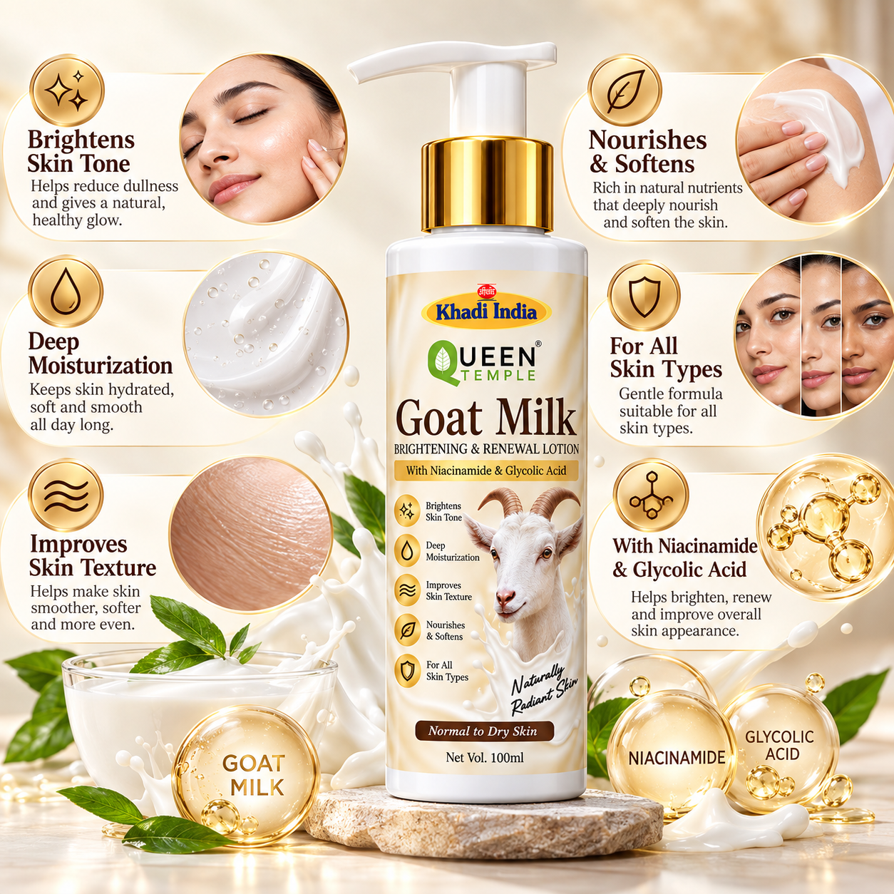 Queen Temple Goat Milk Brightening & Renewal Body Lotion with Niacinamide & Glycolic Acid, Deep Moisturizing Lotion for Normal to Dry Skin, 100 ml - Image 2