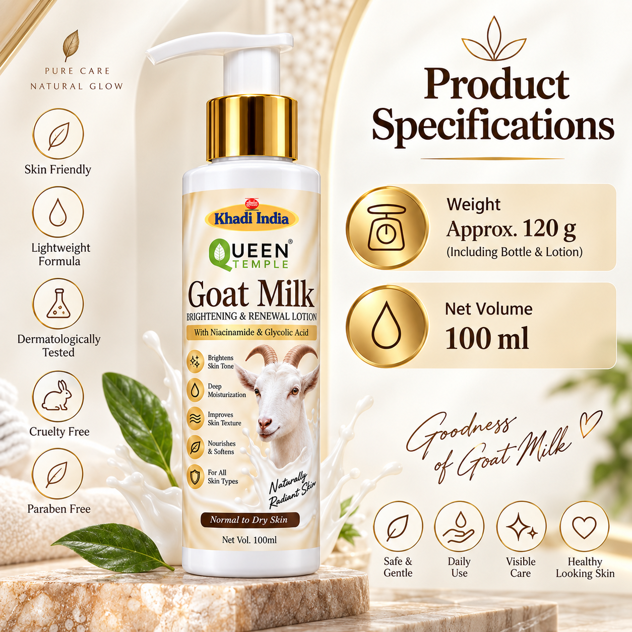 Queen Temple Goat Milk Brightening & Renewal Body Lotion with Niacinamide & Glycolic Acid, Deep Moisturizing Lotion for Normal to Dry Skin, 100 ml - Image 4