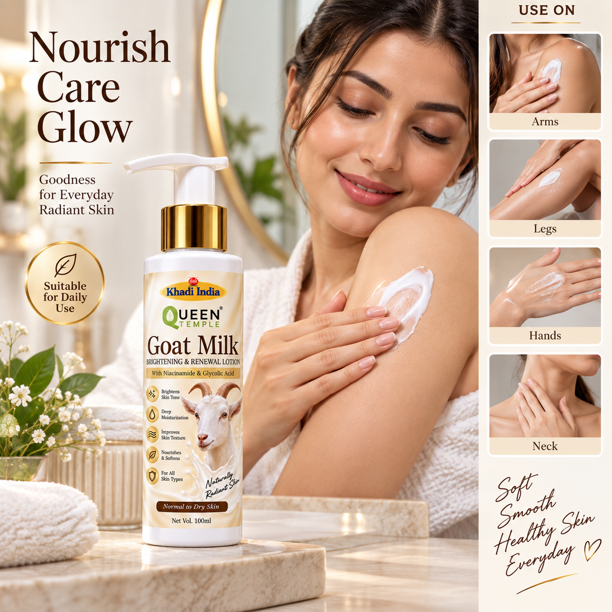 Queen Temple Goat Milk Brightening & Renewal Body Lotion with Niacinamide & Glycolic Acid, Deep Moisturizing Lotion for Normal to Dry Skin, 100 ml - Image 5