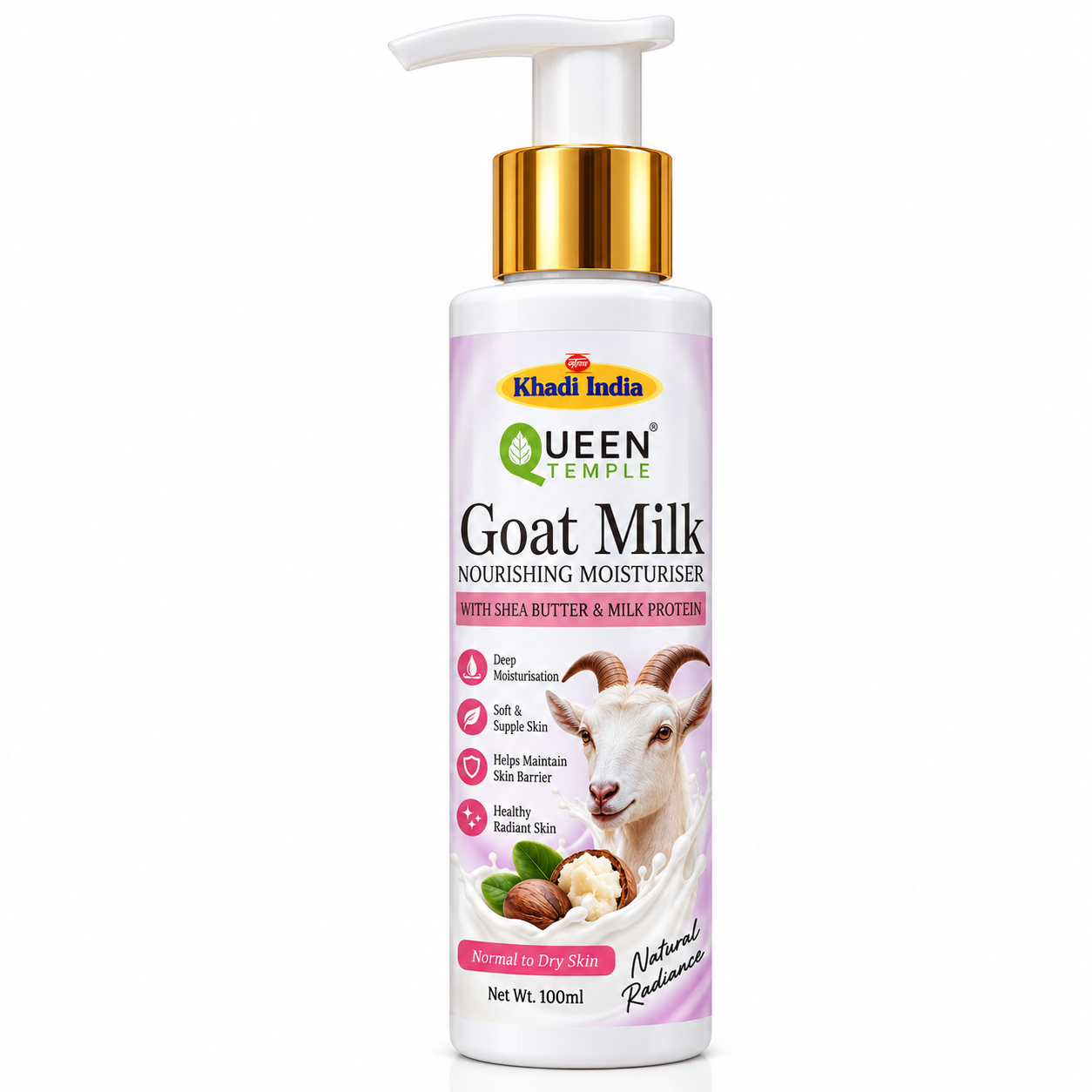 Queen Temple Goat Milk Nourishing Moisturiser with Shea Butter & Milk Protein for Normal to Dry Skin, Deep Moisturising & Soft Skin Care, 100 ml