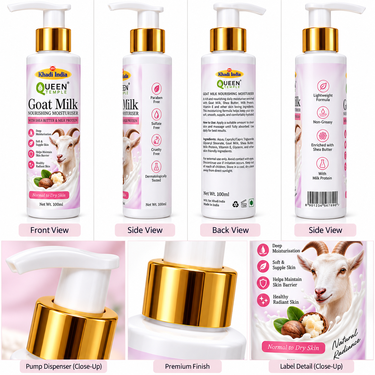 Queen Temple Goat Milk Nourishing Moisturiser with Shea Butter & Milk Protein for Normal to Dry Skin, Deep Moisturising & Soft Skin Care, 100 ml - Image 3