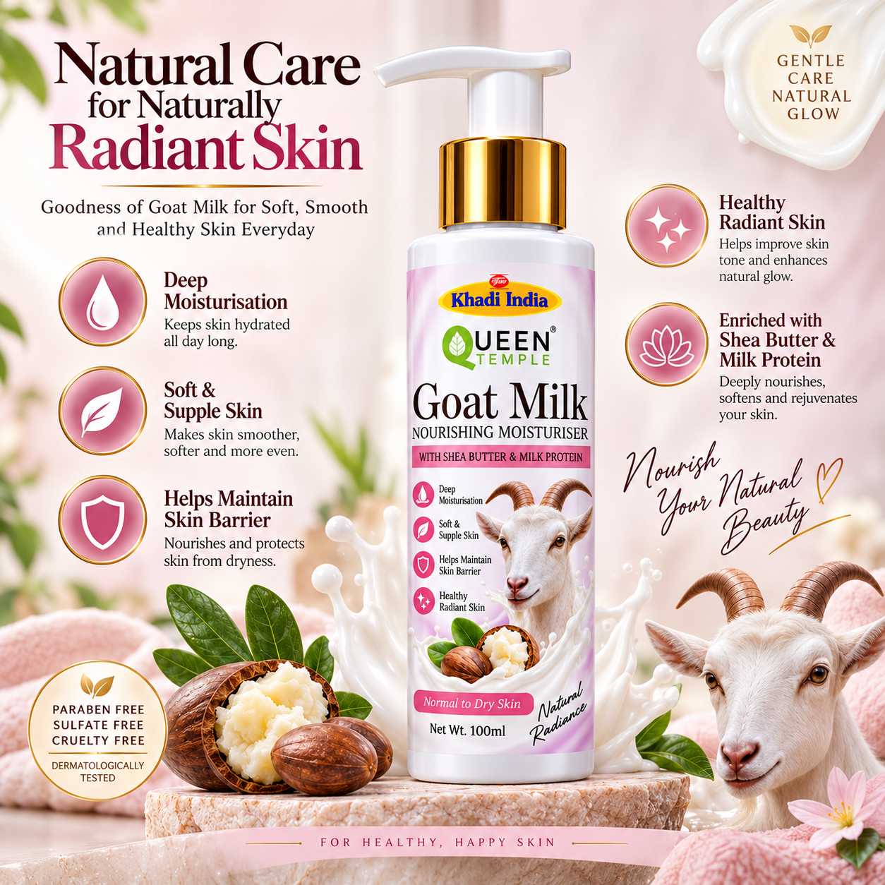 Queen Temple Goat Milk Nourishing Moisturiser with Shea Butter & Milk Protein for Normal to Dry Skin, Deep Moisturising & Soft Skin Care, 100 ml - Image 2