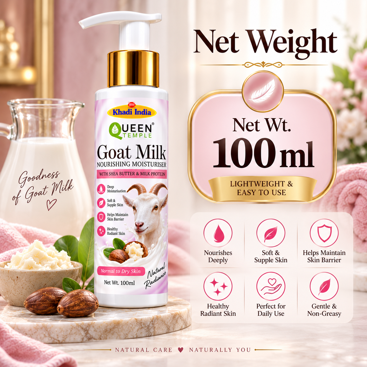 Queen Temple Goat Milk Nourishing Moisturiser with Shea Butter & Milk Protein for Normal to Dry Skin, Deep Moisturising & Soft Skin Care, 100 ml - Image 4