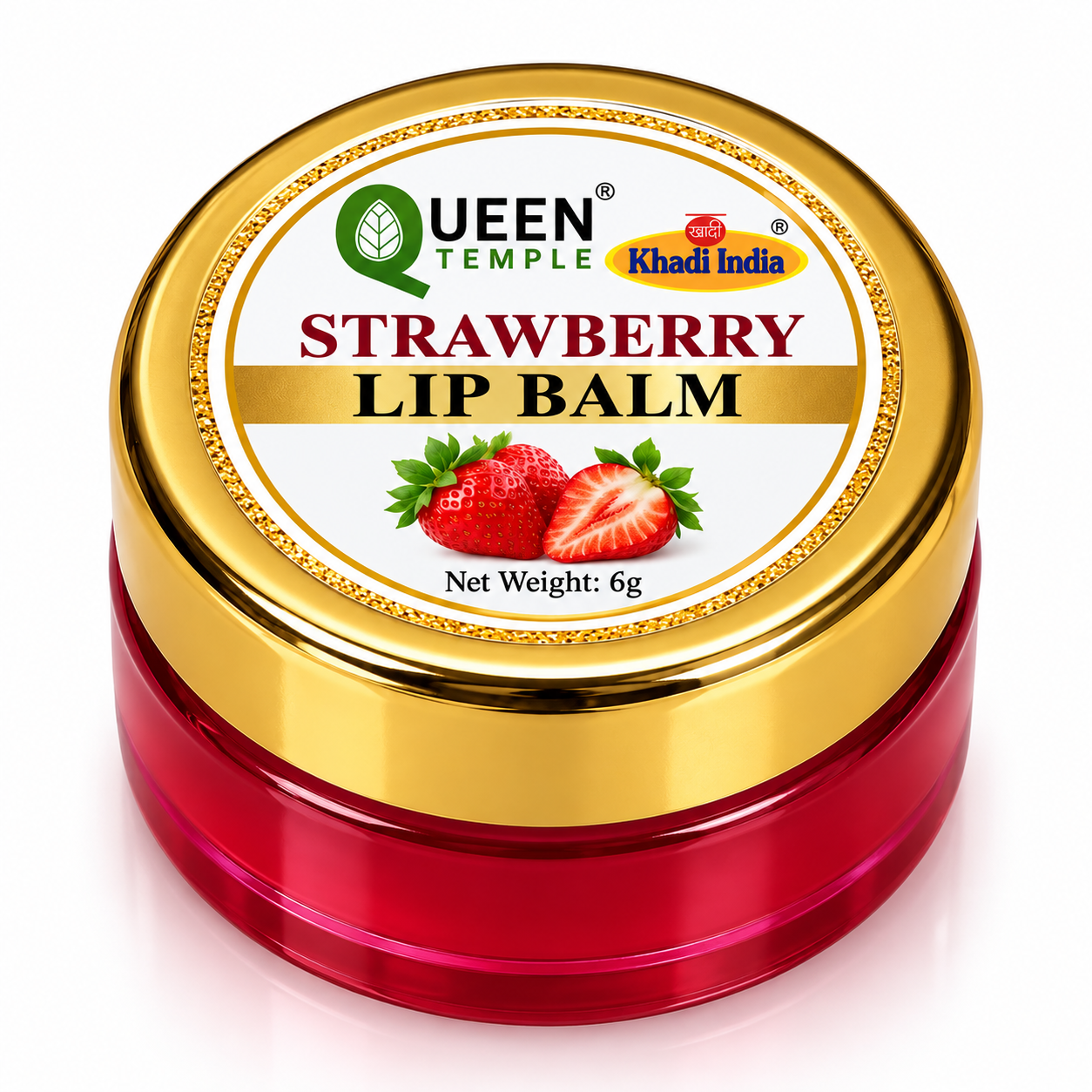 Queen Temple Strawberry Lip Balm with Strawberry Extract for Soft, Smooth & Hydrated Lips, Nourishing Lip Care Balm, 6 g