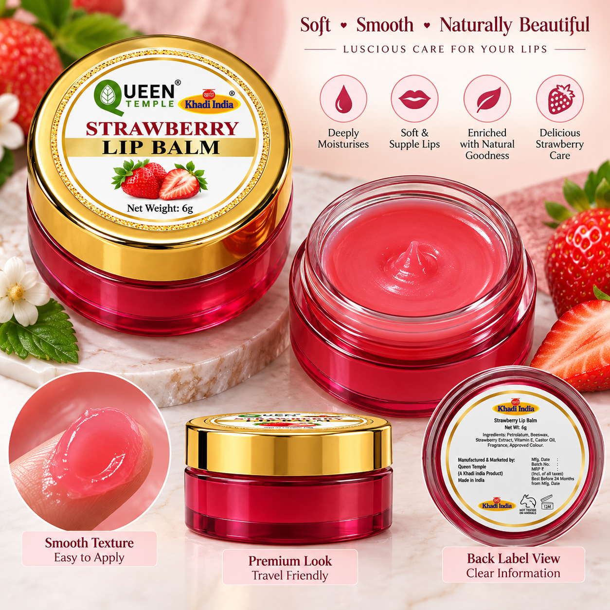 Queen Temple Strawberry Lip Balm with Strawberry Extract for Soft, Smooth & Hydrated Lips, Nourishing Lip Care Balm, 6 g - Image 2